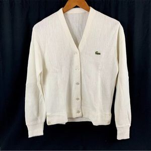 Vintage 70s Men Medium Izod Cardigan Sweater V Neck Button Down Ivory Cream